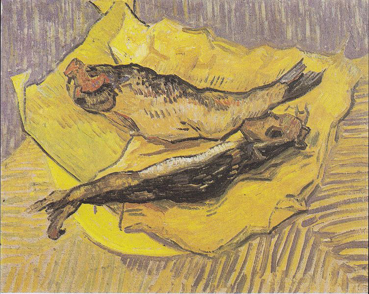 Vincent Van Gogh Still Life with smoked herrings on yellow paper